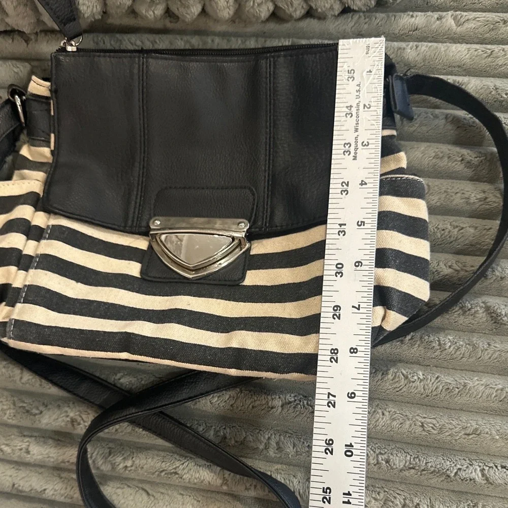 Bueno Black White Striped Canvas Faux Leather Crossbody Bag Silver Push Lock